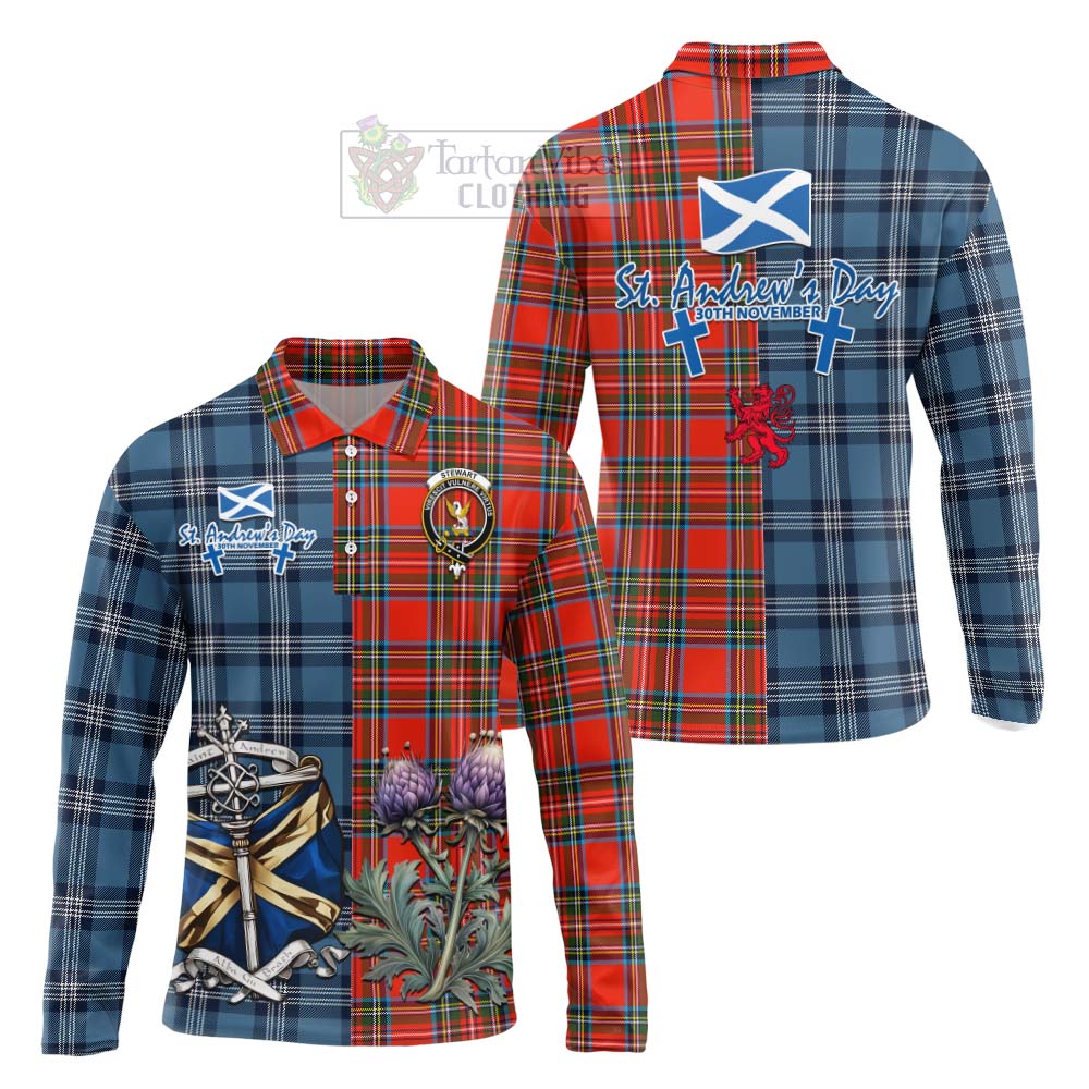 Tartan Vibes Clothing Stewart (Stuart) Tartan Long Sleeve Polo Shirt Happy St. Andrew's Day Half Tartan Style