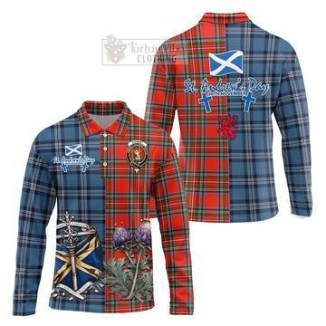 Tartan Vibes Clothing Stewart (Stuart) Tartan Long Sleeve Polo Shirt Happy St. Andrew's Day Half Tartan Style