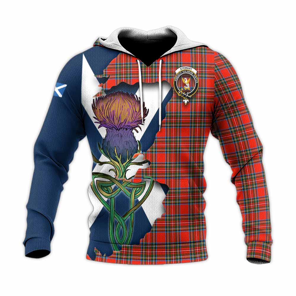 Tartan Vibes Clothing Stewart (Stuart) Tartan Family Crest Knitted Hoodie Scottish Thistle Celtic Inspired