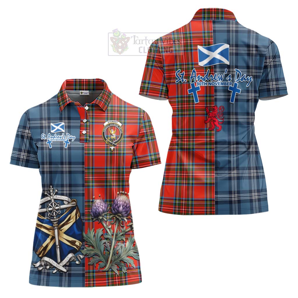 Tartan Vibes Clothing Stewart (Stuart) Tartan Women's Polo Shirt Happy St. Andrew's Day Half Tartan Style