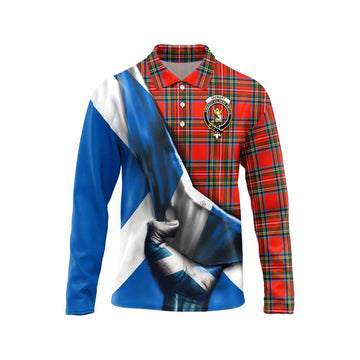 Tartan Vibes Clothing Stewart (Stuart) Tartan Long Sleeve Polo Shirt with Family Crest Scotland Patriotic Style