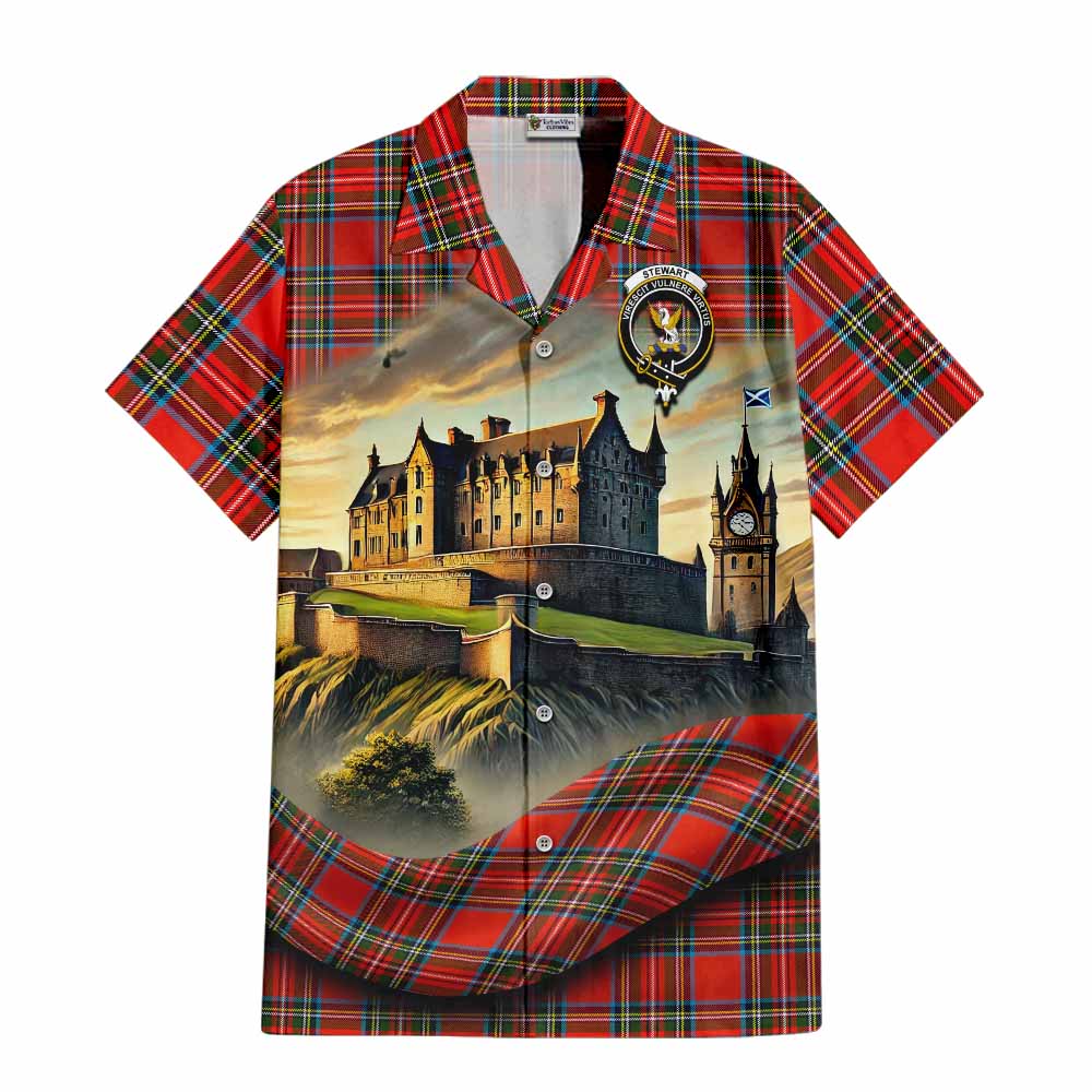 Tartan Vibes Clothing Stewart (Stuart) Tartan Family Crest Short Sleeve Button Shirt with Scottish Ancient Castle Style