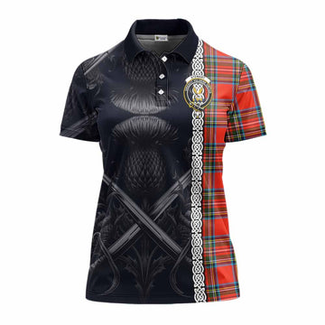 Tartan Vibes Clothing Stewart (Stuart) Tartan Women's Polo Shirt with Family Crest Cross Sword Thistle Celtic Vibes