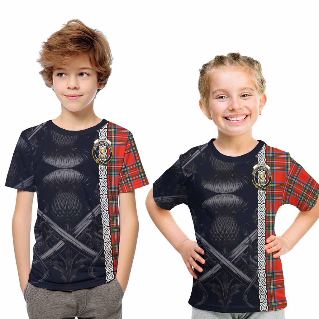 Tartan Vibes Clothing Stewart (Stuart) Tartan Kid T-Shirt with Family Crest Cross Sword Thistle Celtic Vibes