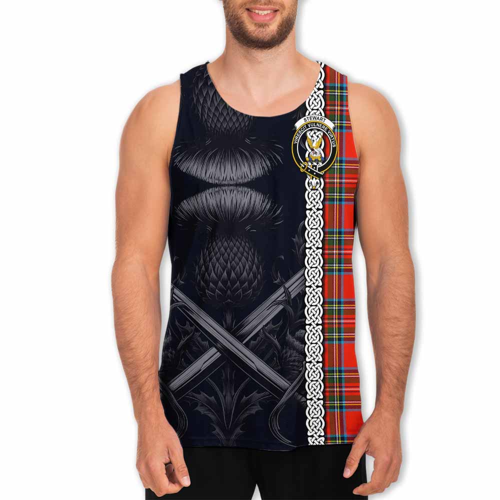 Tartan Vibes Clothing Stewart (Stuart) Tartan Men's Tank Top with Family Crest Cross Sword Thistle Celtic Vibes