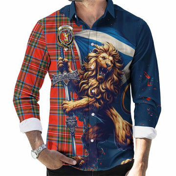 Stewart (Stuart) Tartan Family Crest Long Sleeve Button Shirt with Scottish Majestic Lion