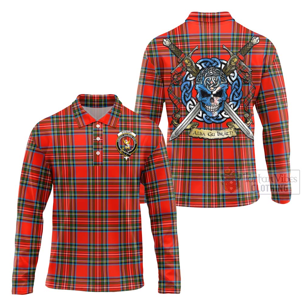 Tartan Vibes Clothing Stewart (Stuart) Tartan Long Sleeve Polo Shirt with Family Crest Celtic Skull Style
