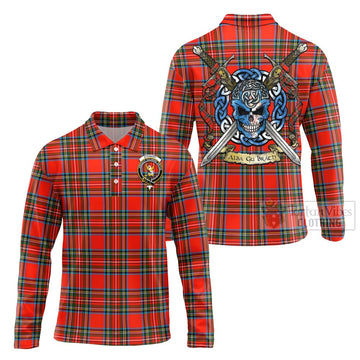 Tartan Vibes Clothing Stewart (Stuart) Tartan Long Sleeve Polo Shirt with Family Crest Celtic Skull Style