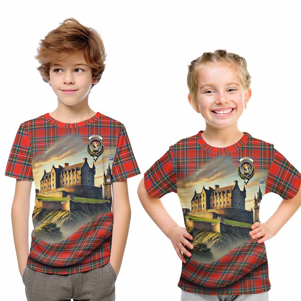 Tartan Vibes Clothing Stewart (Stuart) Tartan Family Crest Kid T-Shirt with Scottish Ancient Castle Style