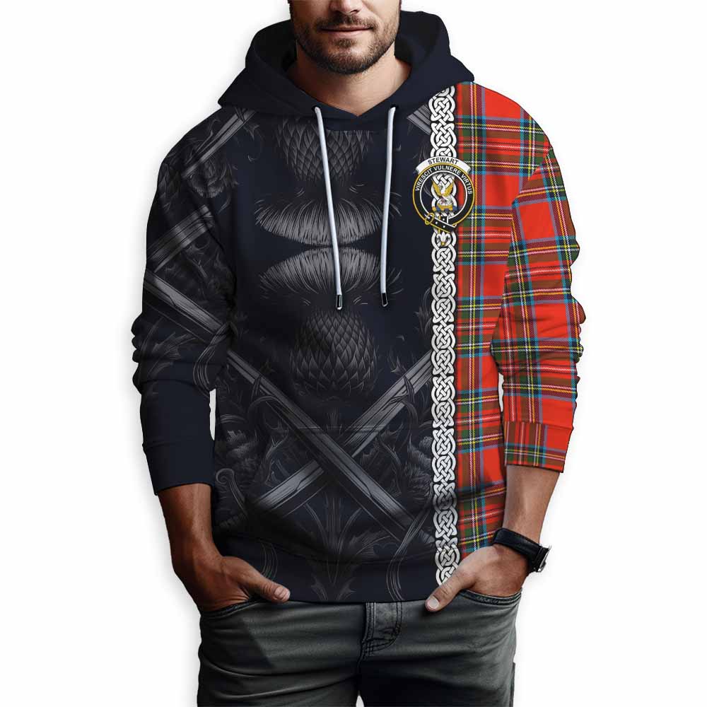 Tartan Vibes Clothing Stewart (Stuart) Tartan Hoodie with Family Crest Cross Sword Thistle Celtic Vibes