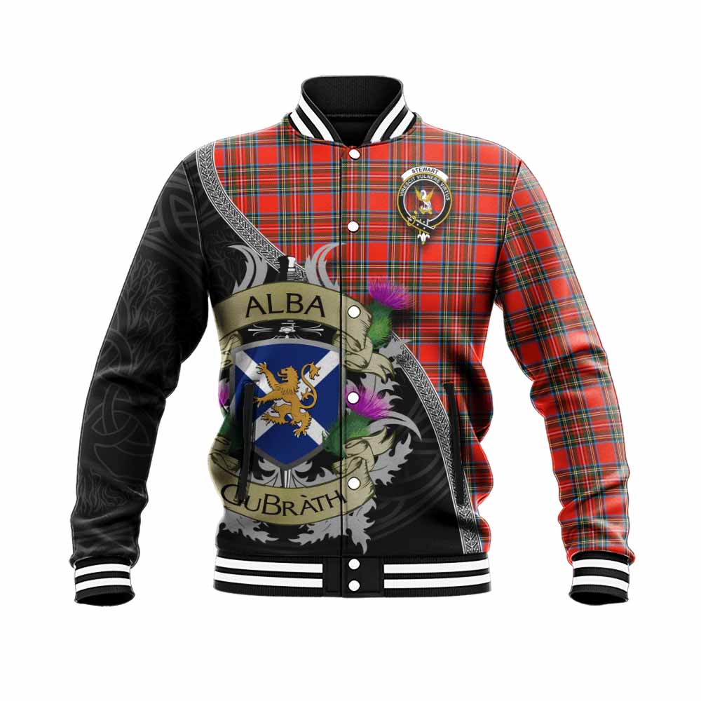 Tartan Vibes Clothing Stewart (Stuart) Tartan Family Crest Baseball Jacket Lion Rampant Royal Thistle Shield Celtic Inspired