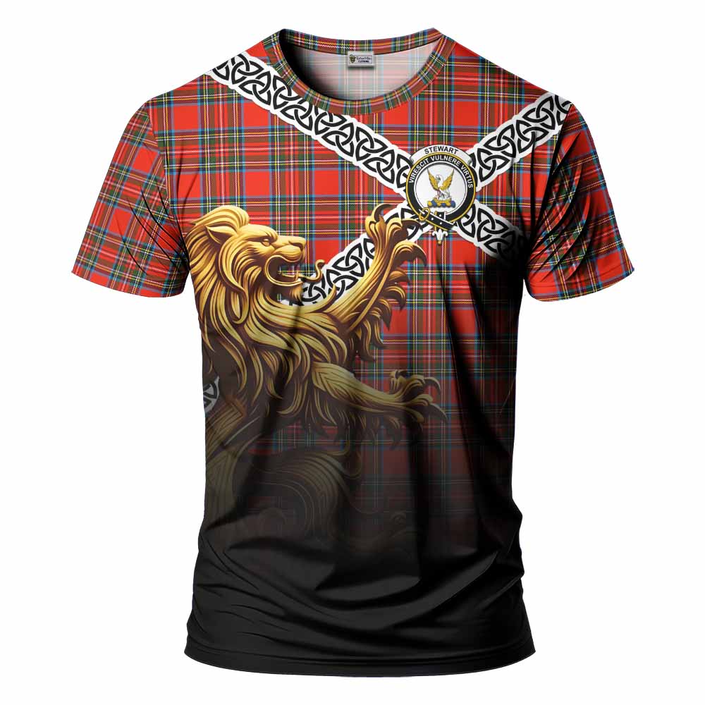 Tartan Vibes Clothing Stewart (Stuart) Crest Tartan T-Shirt with Golden Lion Emblem Celtic Style