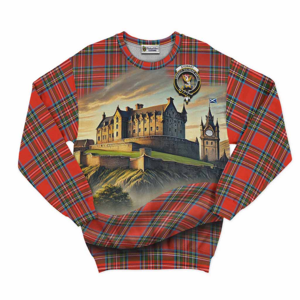 Tartan Vibes Clothing Stewart (Stuart) Tartan Family Crest Sweatshirt with Scottish Ancient Castle Style