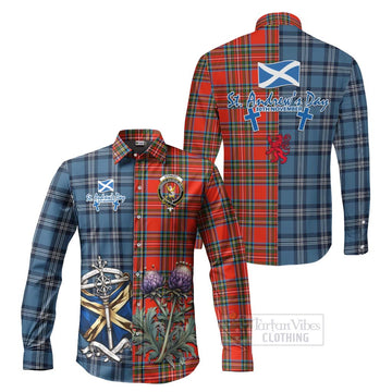 Stewart (Stuart) Tartan Long Sleeve Button Shirt Happy St. Andrew's Day Half Tartan Style