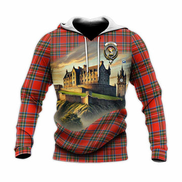 Tartan Vibes Clothing Stewart (Stuart) Tartan Family Crest Knitted Hoodie with Scottish Ancient Castle Style