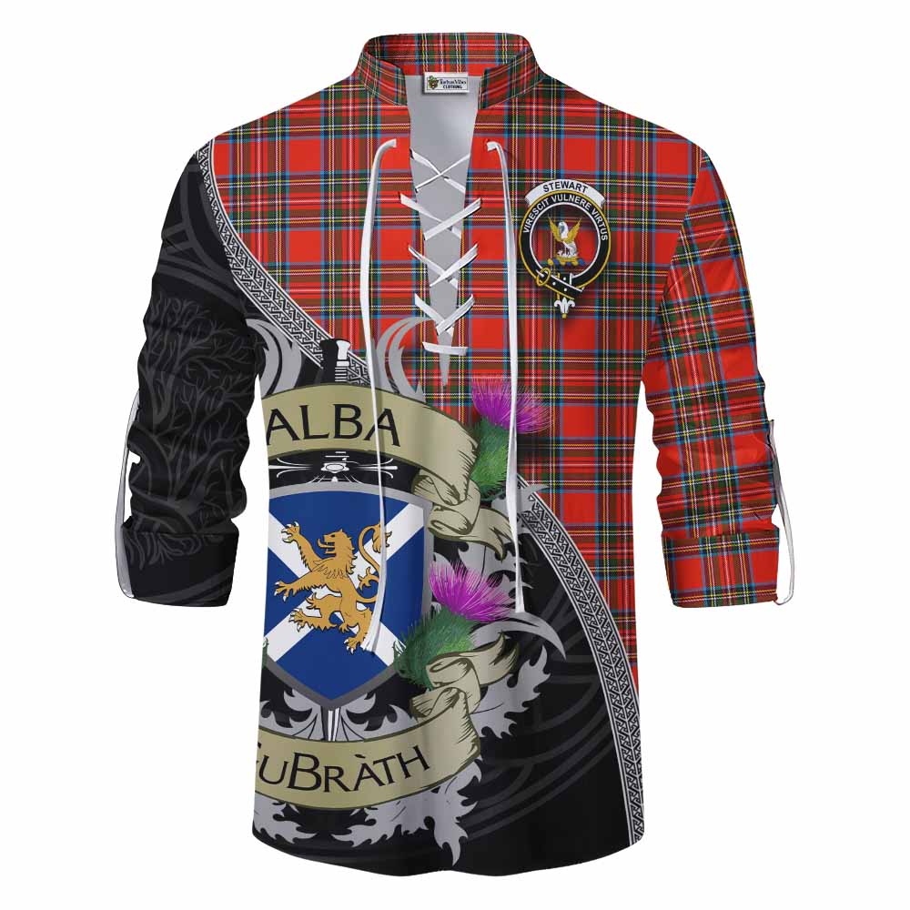 Tartan Vibes Clothing Stewart (Stuart) Tartan Family Crest Ghillie Kilt Shirt Lion Rampant Royal Thistle Shield Celtic Inspired