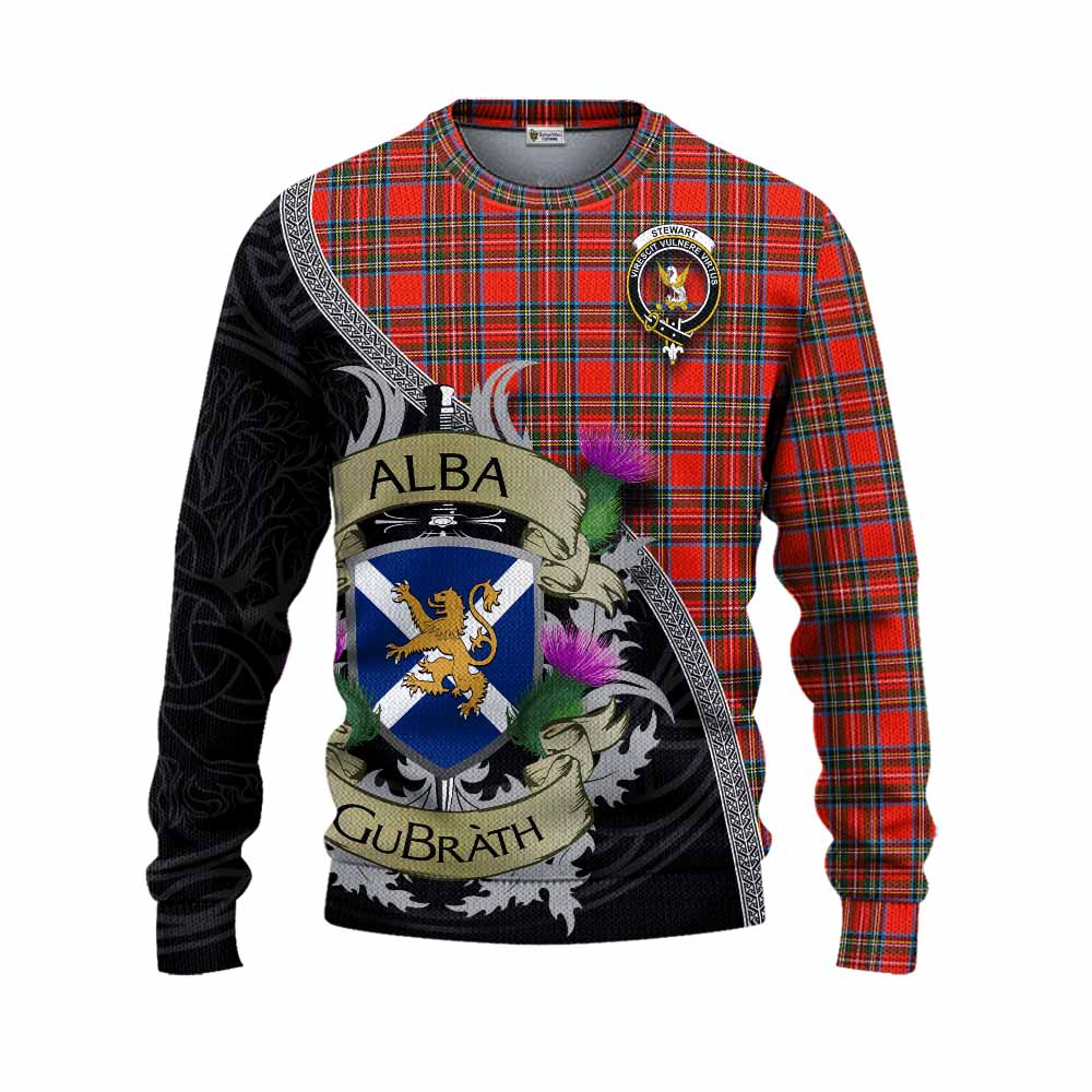 Tartan Vibes Clothing Stewart (Stuart) Tartan Family Crest Knitted Sweater Lion Rampant Royal Thistle Shield Celtic Inspired