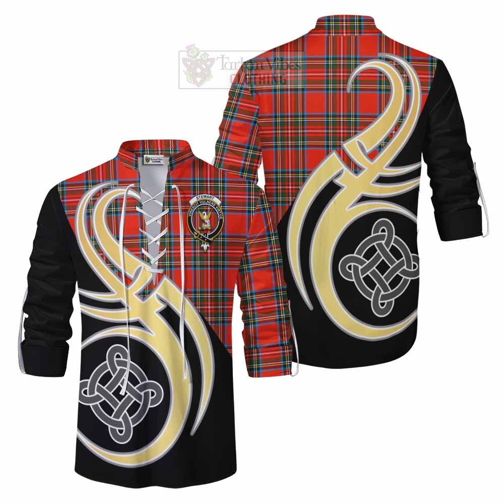 Tartan Vibes Clothing Stewart (Stuart) Tartan Ghillie Kilt Shirt with Family Crest and Celtic Symbol Style