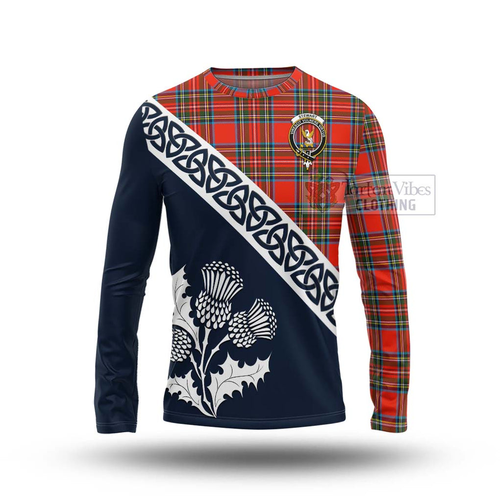 Tartan Vibes Clothing Stewart (Stuart) Tartan Long Sleeve T-Shirt Featuring Thistle and Scotland Map
