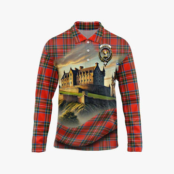 Tartan Vibes Clothing Stewart (Stuart) Tartan Family Crest Long Sleeve Polo Shirt with Scottish Ancient Castle Style