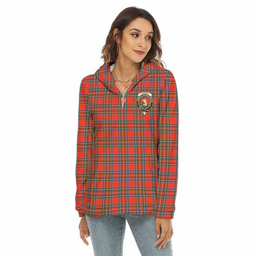 Stewart (Stuart) Tartan Women's Borg Fleece Hoodie with Half Zip with Family Crest