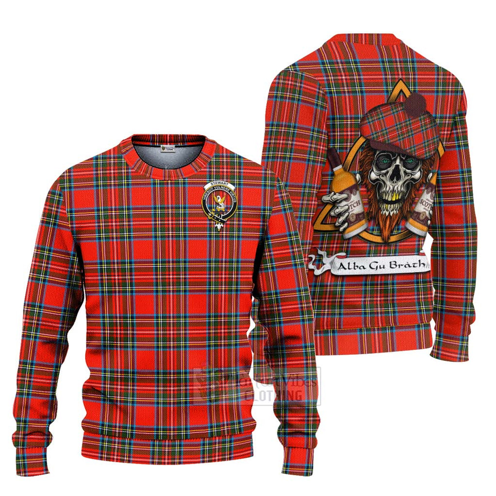 Tartan Vibes Clothing Stewart (Stuart) Tartan Knitted Sweater with Family Crest and Bearded Skull Holding Bottles of Whiskey