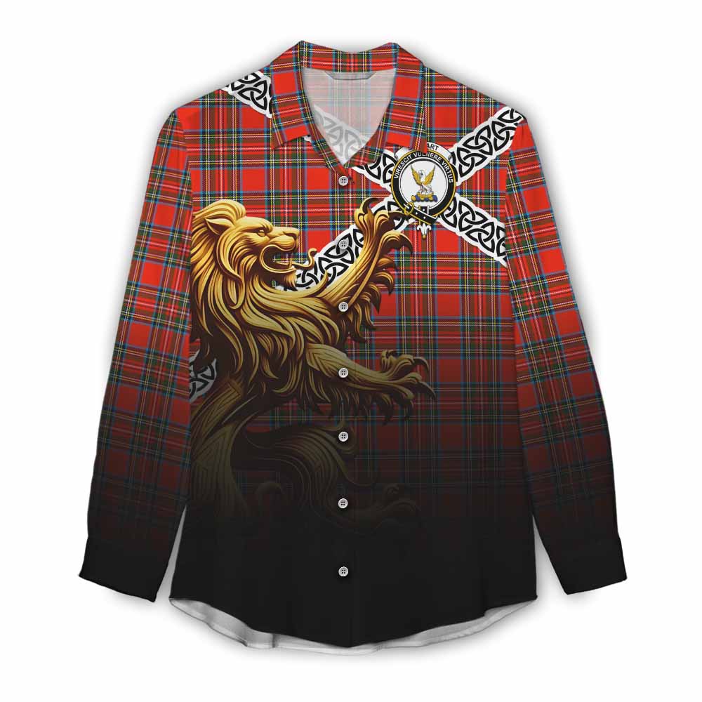 Tartan Vibes Clothing Stewart (Stuart) Crest Tartan Women's Casual Shirt with Golden Lion Emblem Celtic Style