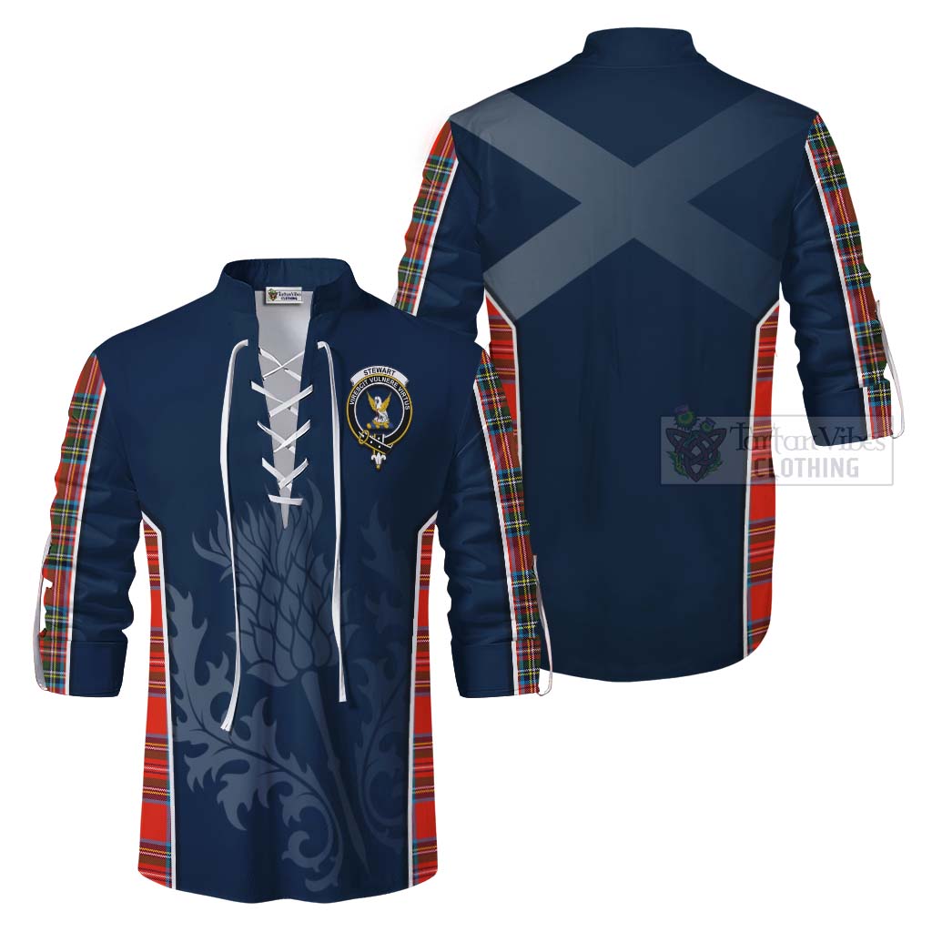 Tartan Vibes Clothing Stewart (Stuart) Tartan Ghillie Kilt Shirt with Family Crest and Scottish Thistle Vibes Sport Style