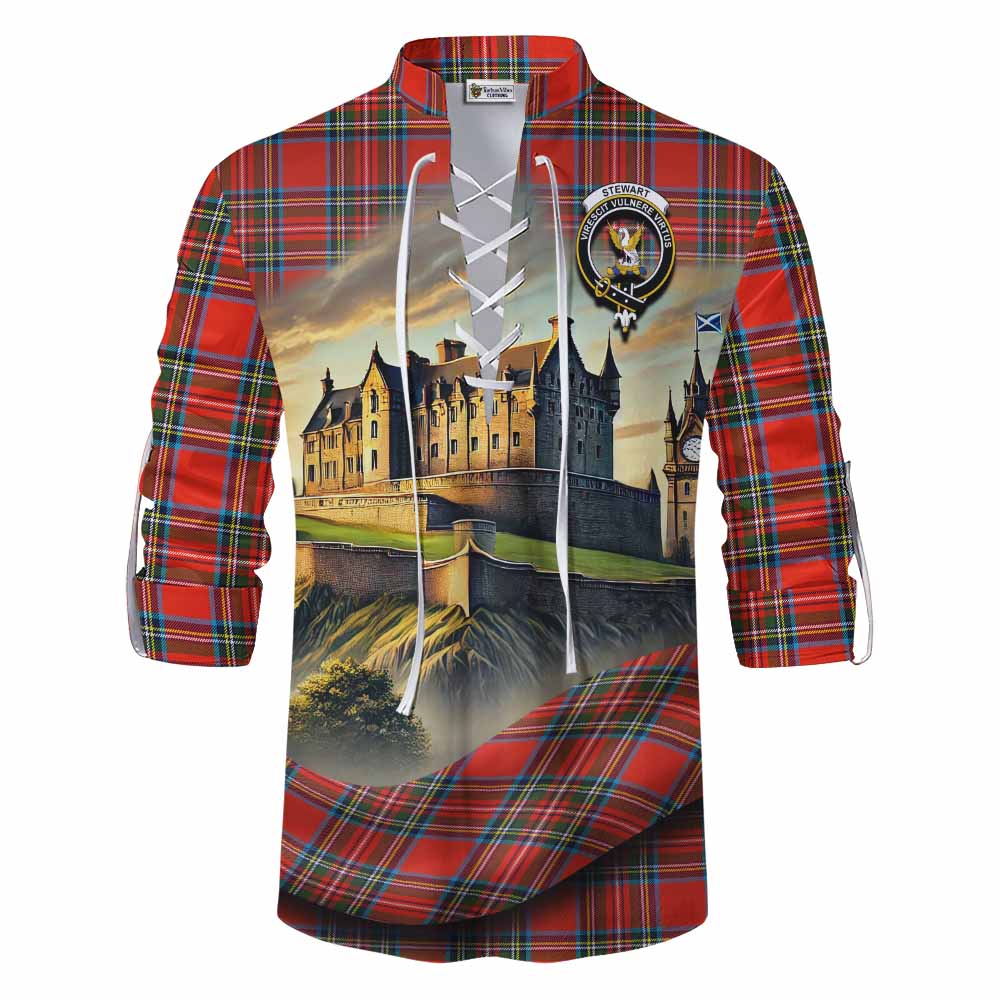 Tartan Vibes Clothing Stewart (Stuart) Tartan Family Crest Ghillie Kilt Shirt with Scottish Ancient Castle Style