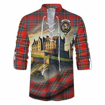 Stewart (Stuart) Tartan Family Crest Ghillie Kilt Shirt with Scottish Ancient Castle Style