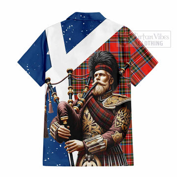 Stewart (Stuart) Tartan Hawaiian Shirt with Family Crest Scottish Bagpiper Vibes