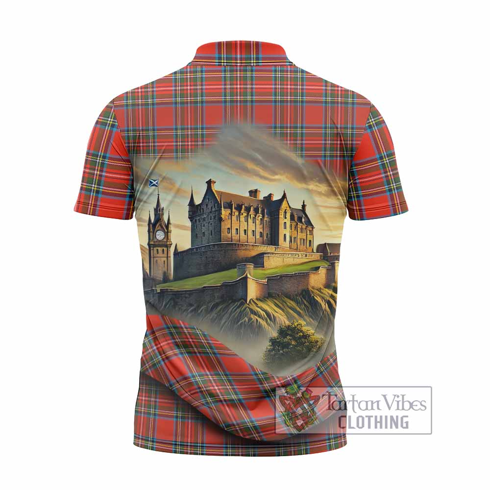 Tartan Vibes Clothing Stewart (Stuart) Tartan Family Crest Zipper Polo Shirt with Scottish Ancient Castle Stype
