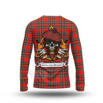 Tartan Vibes Clothing Stewart (Stuart) Tartan Long Sleeve T-Shirt with Family Crest and Bearded Skull Holding Bottles of Whiskey