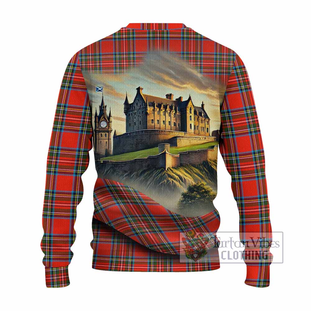 Tartan Vibes Clothing Stewart (Stuart) Tartan Family Crest Knitted Sweater with Scottish Ancient Castle Style