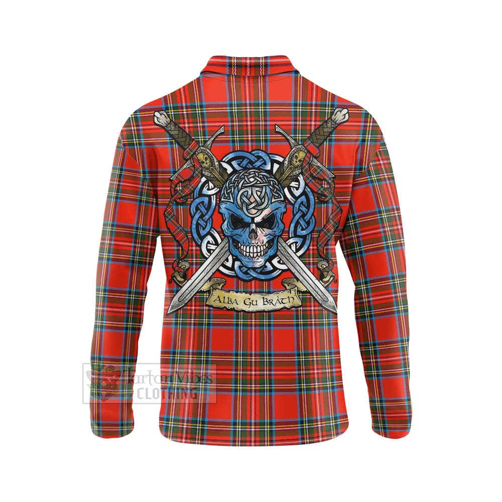 Tartan Vibes Clothing Stewart (Stuart) Tartan Long Sleeve Polo Shirt with Family Crest Celtic Skull Style