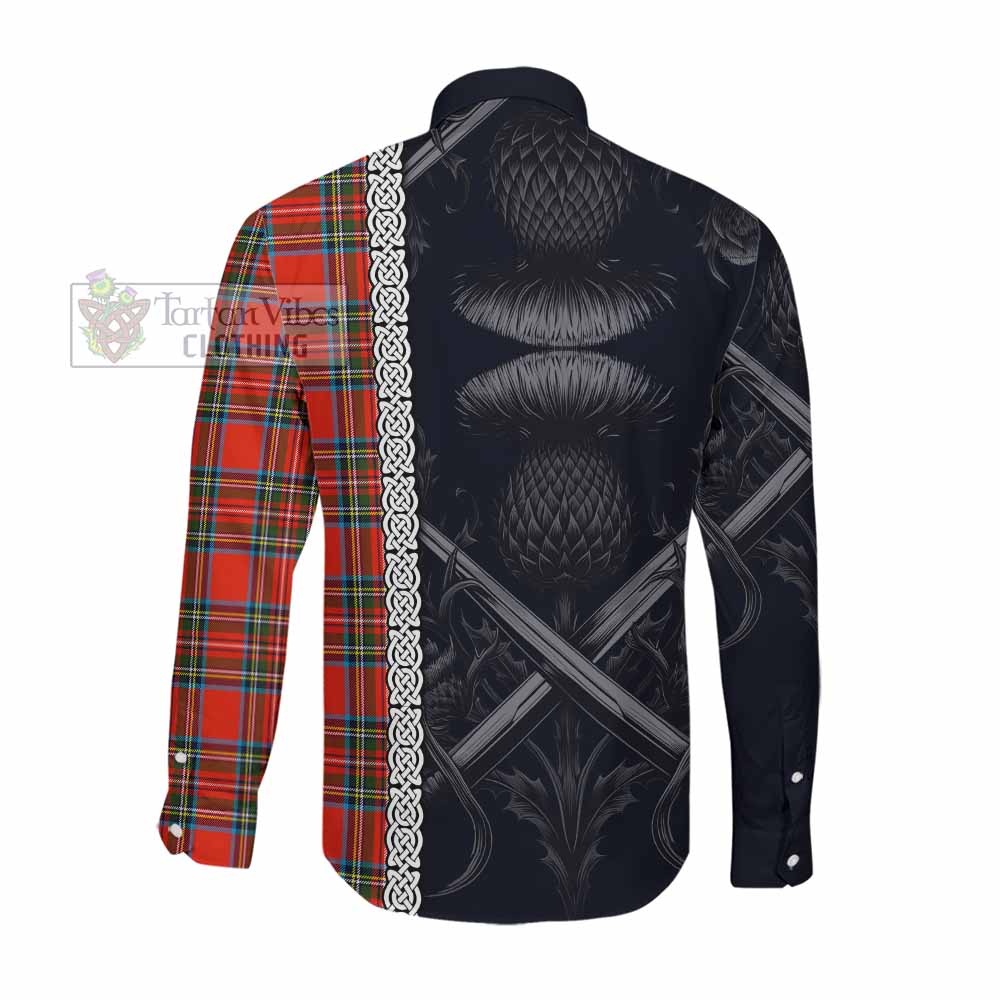 Tartan Vibes Clothing Stewart (Stuart) Tartan Long Sleeve Button Shirt with Family Crest Cross Sword Thistle Celtic Vibes