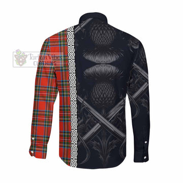 Stewart (Stuart) Tartan Long Sleeve Button Shirt with Family Crest Cross Sword Thistle Celtic Vibes