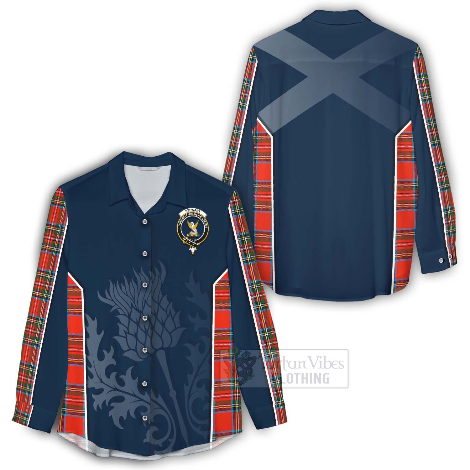 Tartan Vibes Clothing Stewart (Stuart) Tartan Women's Casual Shirt with Family Crest and Scottish Thistle Vibes Sport Style