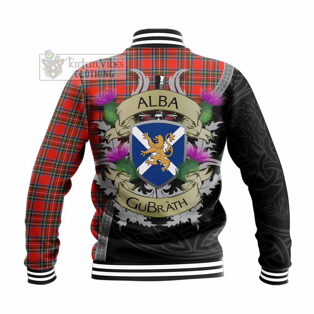 Tartan Vibes Clothing Stewart (Stuart) Tartan Family Crest Baseball Jacket Lion Rampant Royal Thistle Shield Celtic Inspired