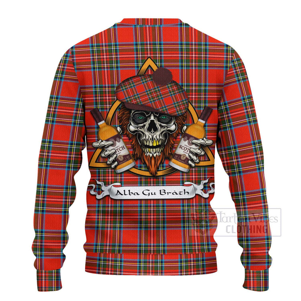Tartan Vibes Clothing Stewart (Stuart) Tartan Knitted Sweater with Family Crest and Bearded Skull Holding Bottles of Whiskey