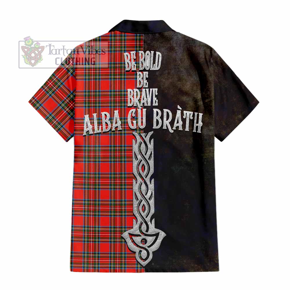 Tartan Vibes Clothing Stewart (Stuart) Tartan Family Crest Short Sleeve Button Shirt Alba Gu Brath Be Brave Lion Ancient Style