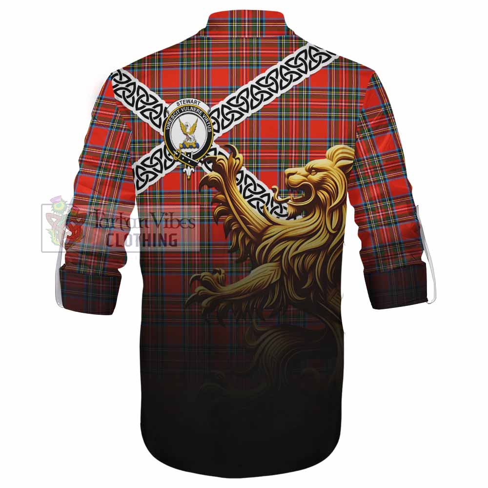 Tartan Vibes Clothing Stewart (Stuart) Crest Tartan Ghillie Kilt Shirt with Golden Lion Emblem Celtic Style