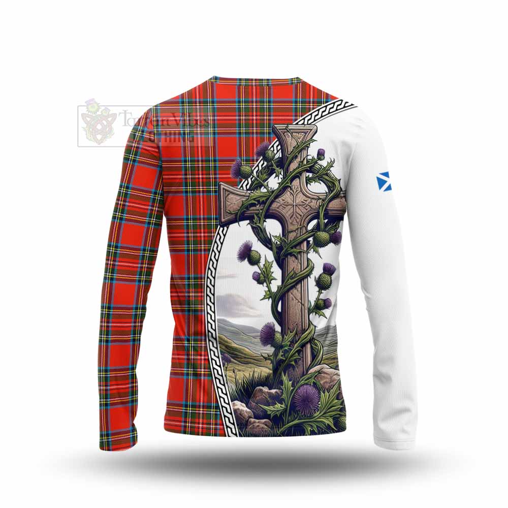 Tartan Vibes Clothing Stewart (Stuart) Tartan Long Sleeve T-Shirt with Family Crest and St. Andrew's Cross Accented by Thistle Vines