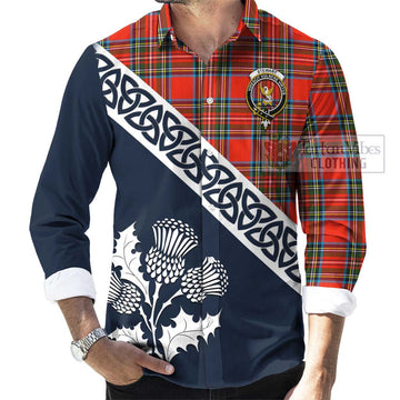 Stewart (Stuart) Tartan Long Sleeve Button Shirt Featuring Thistle and Scotland Map
