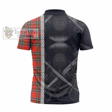 Stewart (Stuart) Tartan Zipper Polo Shirt with Family Crest Cross Sword Thistle Celtic Vibes