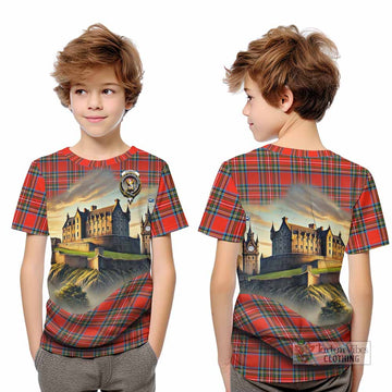 Stewart (Stuart) Tartan Family Crest Kid T-Shirt with Scottish Ancient Castle Style