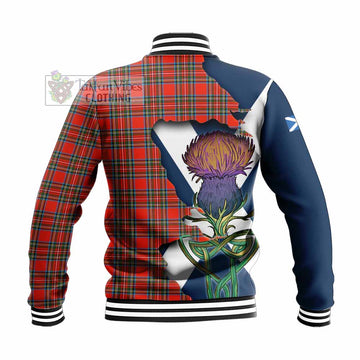 Tartan Vibes Clothing Stewart (Stuart) Tartan Family Crest Baseball Jacket Scottish Thistle Celtic Inspired