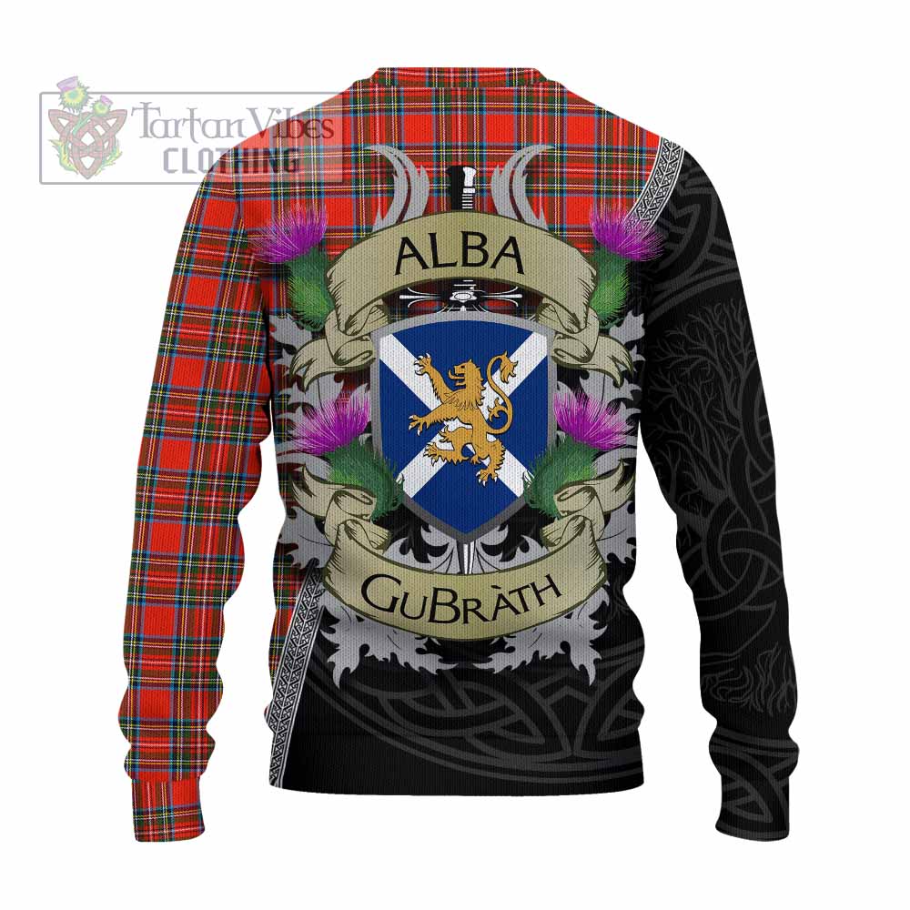Tartan Vibes Clothing Stewart (Stuart) Tartan Family Crest Knitted Sweater Lion Rampant Royal Thistle Shield Celtic Inspired