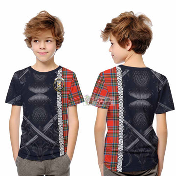 Stewart (Stuart) Tartan Kid T-Shirt with Family Crest Cross Sword Thistle Celtic Vibes