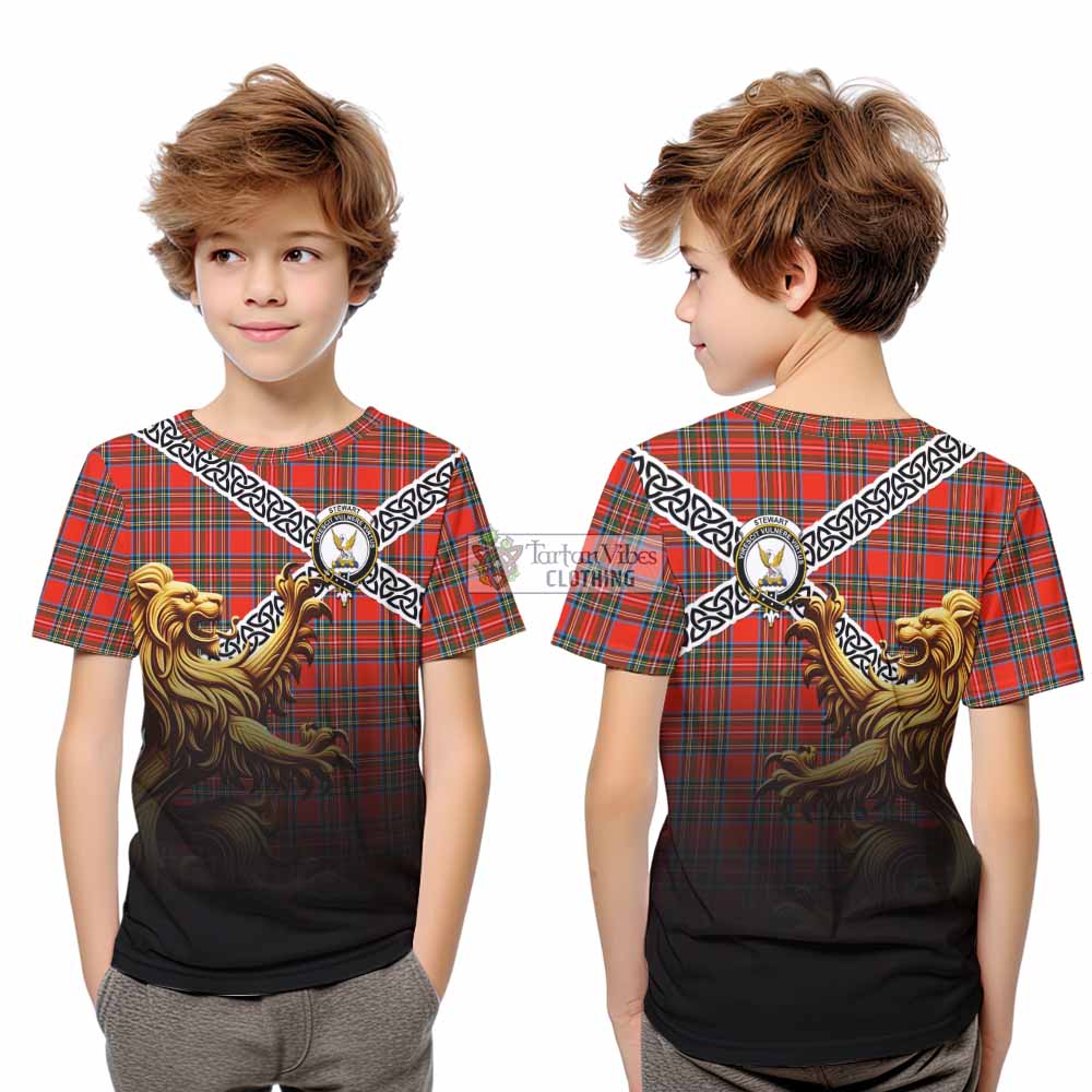 Tartan Vibes Clothing Stewart (Stuart) Crest Tartan Kid T-Shirt with Golden Lion Emblem Celtic Style